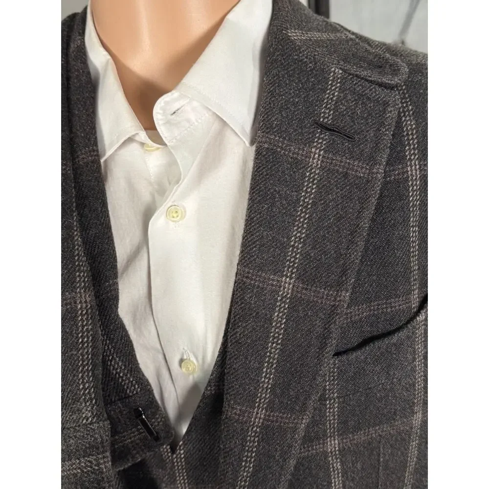 Tom Ford Brown Windowpane Tweed Wool Silk 3Pc Suit 50 40R 34x30 Trousers